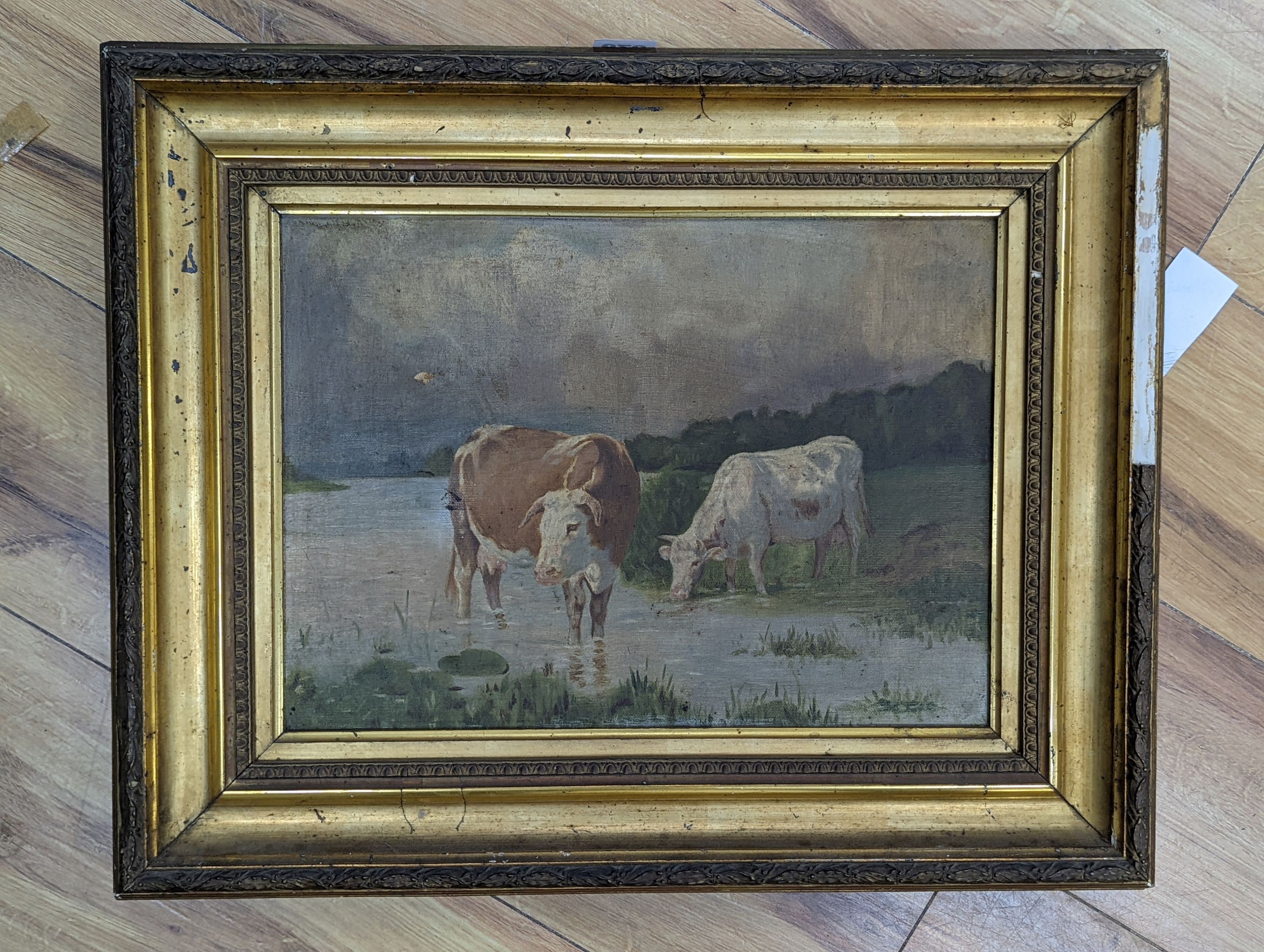 English School, c.1900, oil on canvas, Cattle watering, 26 x 36cm